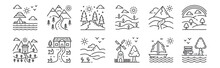 12 Set Of Linear Nature And Landscape Icons. Thin Outline Icons Such As Garden, Mill, Farm House, Mountain, Valley, Landscape For Web, Mobile.