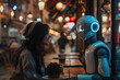 A woman having a good time talking with ai robot friend in cafe