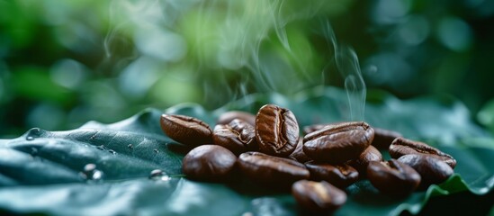 Canvas Print - Organic coffee beans on lush green leaf, natural background for coffee lovers