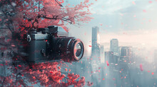 A Vintage Camera Capturing A Surreal Double Exposure Of A City Skyline And A Blooming Cherry Blossom Tree, Creating An Artistic And Urban T-shirt Design.