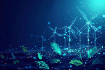 alternative eco energy concept with glowing low polygonal leaves and wind turbines farm on dark blue