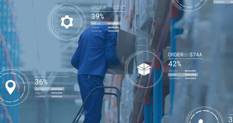 Poster - Animation of digital data processing over caucasian man working in warehouse