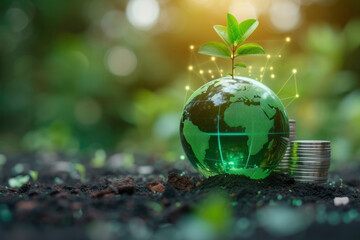 Green globe with Network connection and stack of silver coins and the seedlings are growing on top