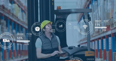 Poster - Animation of digital data processing over caucasian man working in warehouse