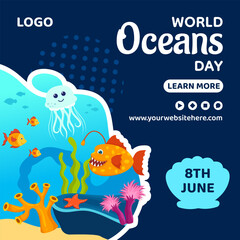 Wall Mural - Oceans Day Social Media Illustration Flat Cartoon Hand Drawn Templates Background