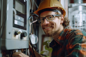 Happy electrician fixing problems of automatic electric meter