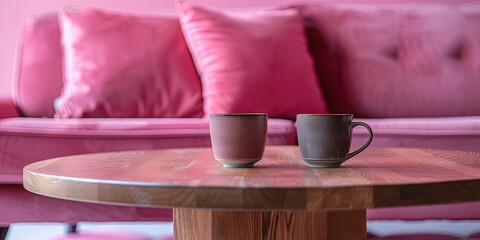 Minimalist living room interior with sofa, wooden coffee table, and decorations. Pink 