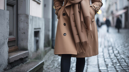 Poster - A classic trench coat in a muted camel shade paired with a cashmere scarf and leather loafers. This timeless and understated look is perfect for a day of strolling through historic