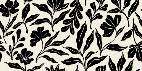 Leaves branch and Hand Drawn doodle Scribble floral plants banner, seamless pattern. Creative minimalist Abstract art background. Design wall decoration, postcard, poster or brochure
