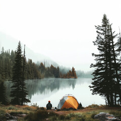 Wall Mural - A scenic mountain lake reflects snow-capped peaks under a cloudy sky, with a lone tent nestled among pine trees