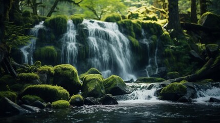 Sticker - A waterfall flowing over boulders covered with moss