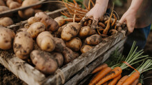 A Closeup Of Freshly Dug Potatoes Still Speckled With Bits Of Dirt And Roots Arranged In A Rough Pile On A Wooden Cart. Nearby A Farmers Hand Holds A Freshly Picked Carrot