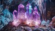 Cluster of rich violet amethyst crystals in dim, natural cave light