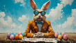 Eccentric and quirky Easter Bunny - Easter eggs - suit and glasses - extreme blue skies - idiosyncratic humor - a different take on the Easter bunny