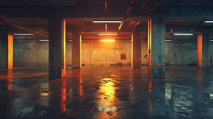 Industrial basement carpark with dramatic lighting and long shadows