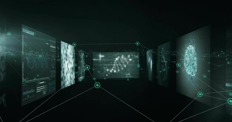 Poster - Animation of digital data processing on screens over black background