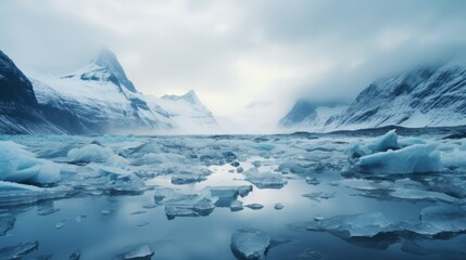 Wall Mural - majestic frozen glacier with blue icy rocks in valley under gloomy sky