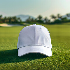 Blank white Golf hat mockup on a golf course 