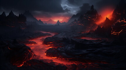 fantasy landscape with hot lava and dark sky background