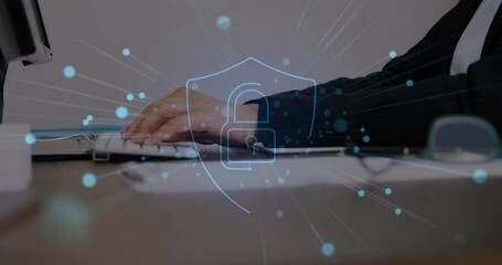Poster - Animation of padlock icon and connections over caucasian businesswoman using computer