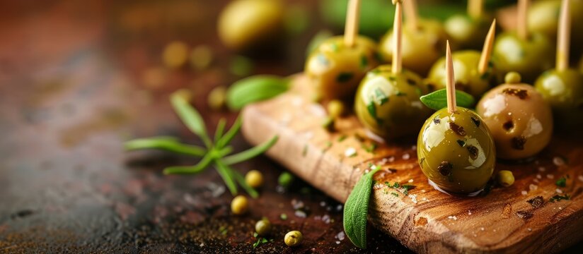 Rustic wooden board adorned with assorted olives on toothpicks for a Mediterranean appetizer display