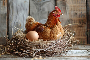 brown hen sitting in nest with egg hen and egg hen poultry hatching egg broody hen farming and chicken coop.