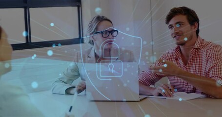 Poster - Animation of padlock and network of connections over diverse business people in office