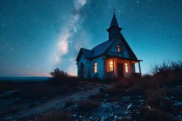 Wall Mural - Church with Beautiful Starry Sky View at Sunset. Chapel with Landscape