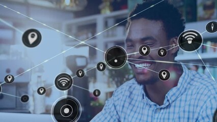 Poster - Animation of network of connections with wifi cons over african american man in cafe
