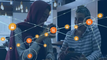 Poster - Animation of network of connections with shopping trolley icons over diverse people in cafe