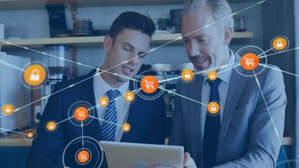 Poster - Animation of network of connections with shopping trolley icons over diverse people in cafe