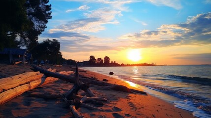 Sticker - Wooden products near sea under blue sunset sky at evening