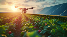 Photovoltaic System On A Farmer's Field Between Green Vegetables And A Drone Above The Plants