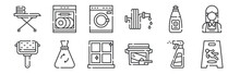 12 set of linear cleaning icons. thin outline icons such as wet floor, washing powder, garbage bag, dish soap, washing machine, dish washer for web, mobile.