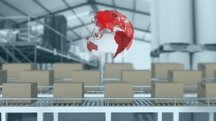Poster - Animation of globe and data processing over cardboard boxes on conveyor belts