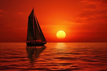 Wall Mural - Sailboat red sunset. Ocean boat. Generate Ai