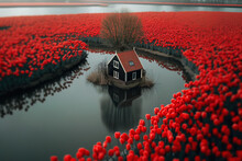 Picturesque Red Tulip Flower Fields In Holland And A House By The River, Netherlands, Scenic Aerial View On A Beautiful Day