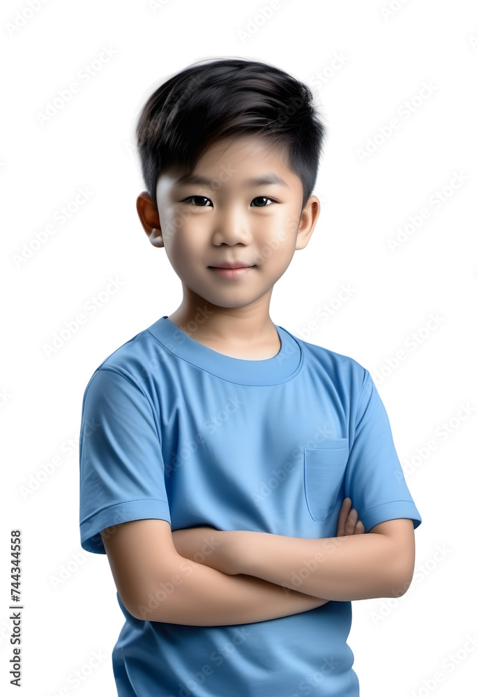 Young asian boy in blue shirt with arms crossed on a transparent ...