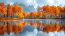 Oxbow Bend In Autumn, Scenic Landscape Of Grand Tetons National Park From Oxbow Bend.