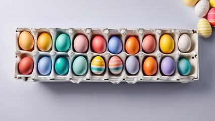 Wall Mural - Bright Colorful Easter eggs in porcelain storage organizer box on white background