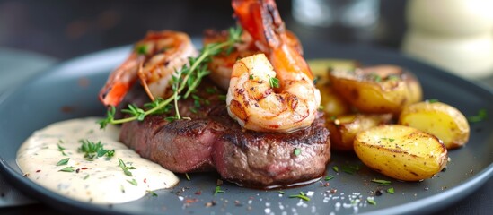 Wall Mural - Delicious plate of grilled meat, roasted potatoes and sautéed shrimp on a rustic wooden table
