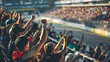 A group of spectators are cheering for their favorite driver during a race at a grandstand. The spectators wearing team colors The photo convey a sense of excitement, anticipation, or support.