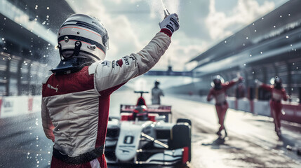 A driver is celebrating their victory in the winner's circle at a racetrack. The driver wearing a racing suit, They spraying hampagne, or they holding a trophy.