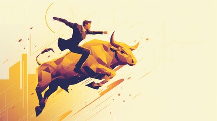 A minimalist graphic design of a businessman triumphantly riding a stylized golden bull, simple and powerful Abstract stock market elements in the background, emphasizing upward movement and gr