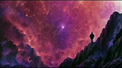 Canvas Print - silhouette of a person standing on a mountain peak under a vibrant starry sky with purple and pink h