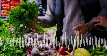 Poster - Animation of data processing on diagram over caucasian man picking vegetables