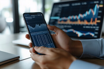 Poster - Close-up of investor hands using smartphone app and laptop to study financial statistics and market trends for trading.