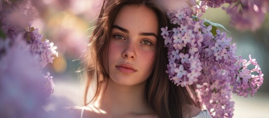 Wall Mural - Beautiful woman with long brown hair and blue eyes surrounded by blooming lilac flowers in a garden