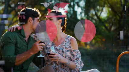 Poster - Animation of financial data processing over happy caucasian couple in garden