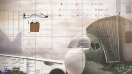 Poster - Animation of financial data processing over drone with box by airplane